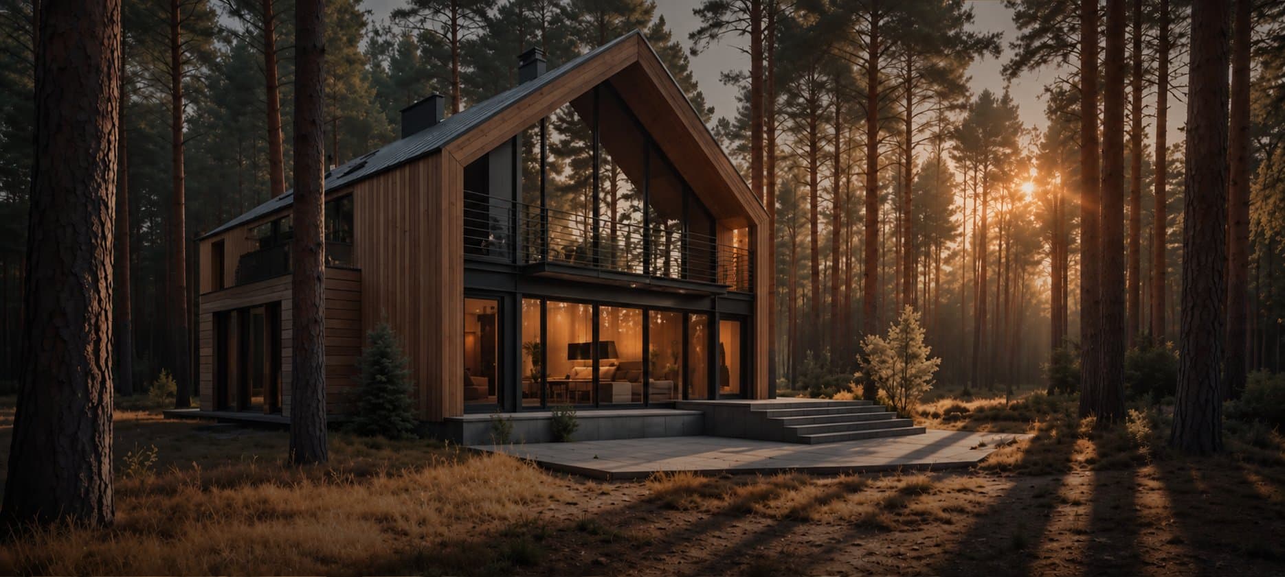 Maison contemporaine en bois et verre dans une pinède au coucher du soleil